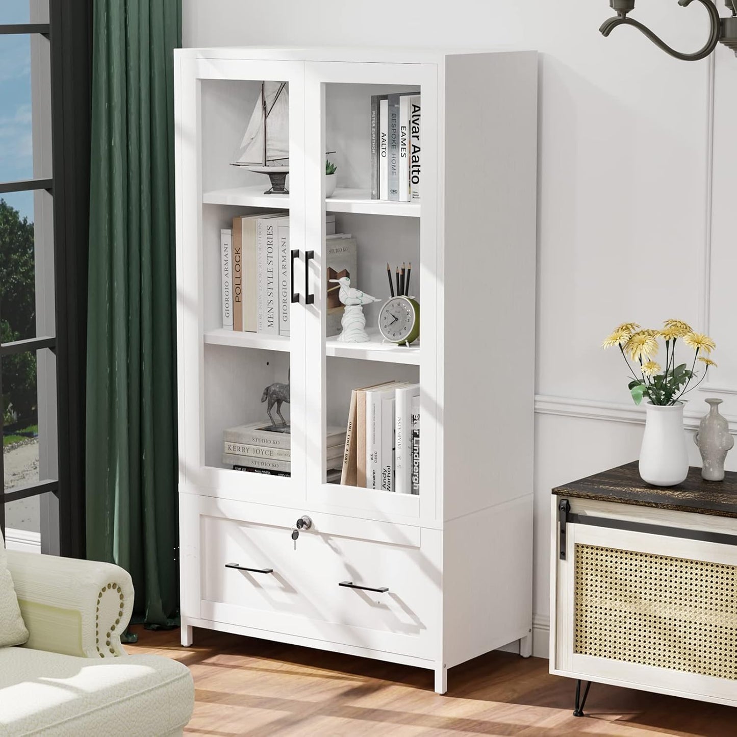 VINGLI Lateral File Cabinet - Glass Doors & Locking Drawer for Hanging Files | White, 30"W x 16"D x 55"H