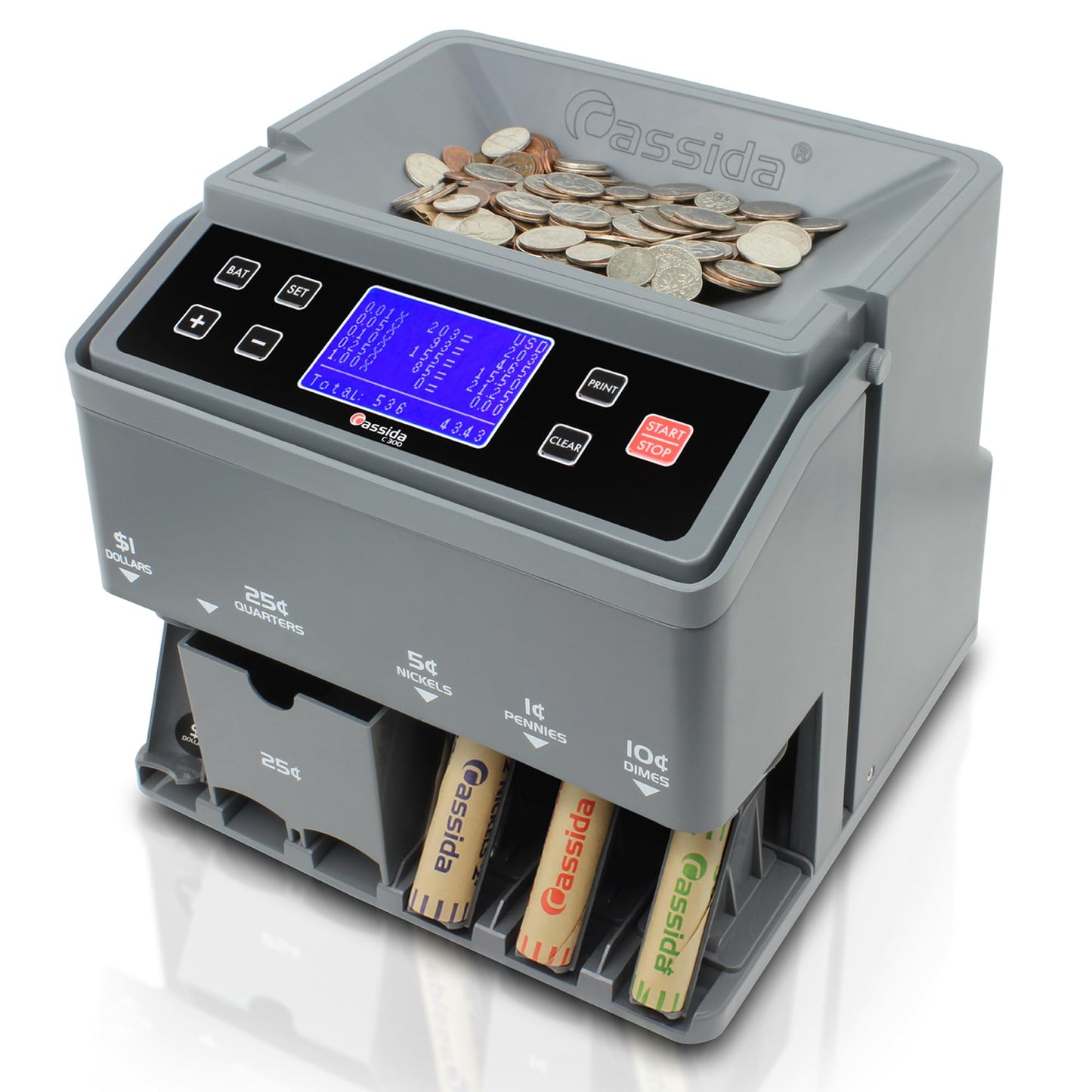 Cassida C300 Professional USD Coin Counter, Sorter and Wrapper/Roller, 300 coins/min, with Quickload and Printing-Compatible,Gray