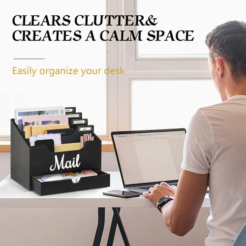 Gumihue Mail Holder with 4 Large Compartments and Drawer, Wood Mail Holder Sorter Holder,Countertop Desk Office Accessories for File Letter Paper Folder, Drawer Storage