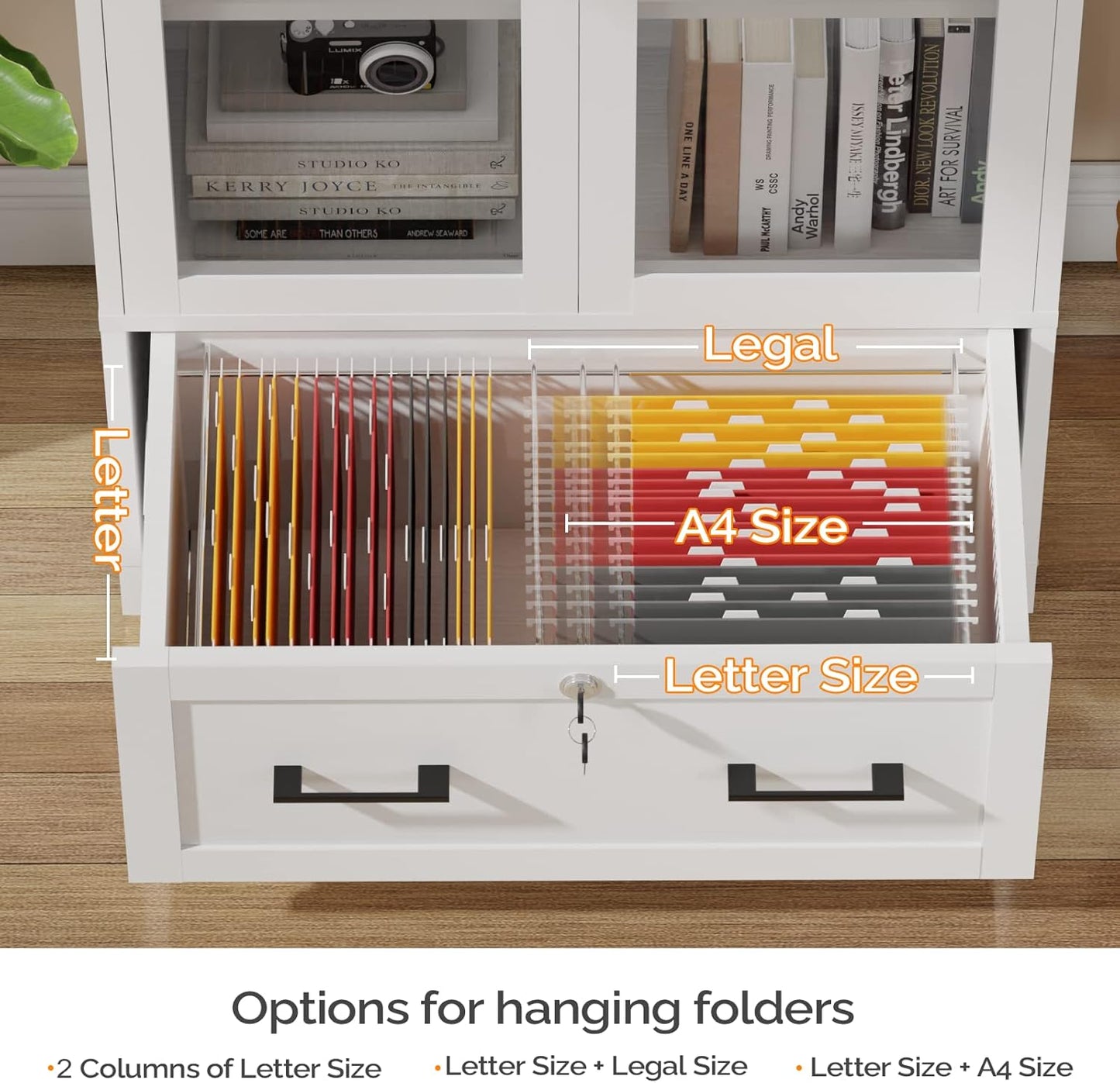 VINGLI Lateral File Cabinet - Glass Doors & Locking Drawer for Hanging Files | White, 30"W x 16"D x 55"H