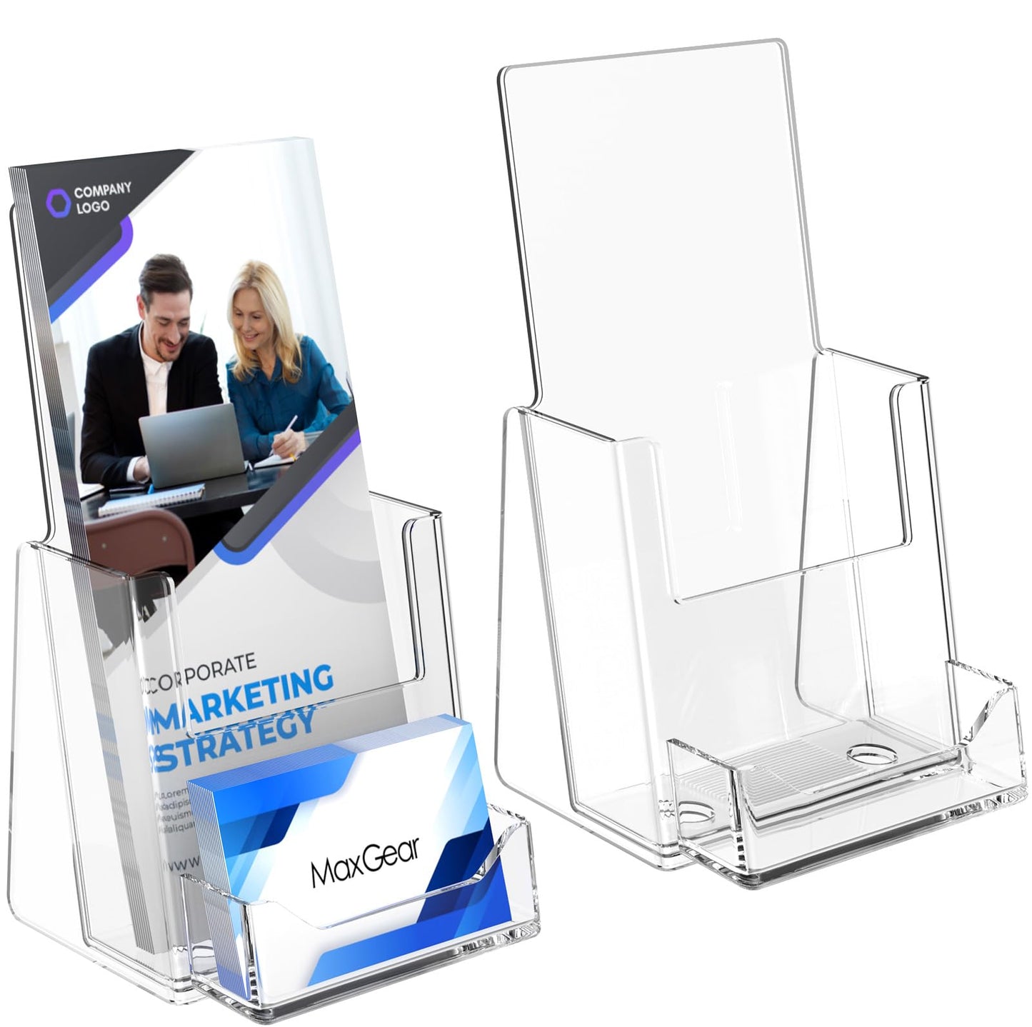 MaxGear Brochure Holder 4x9 inch with Business Card Organizer, Acrylic Literature Display Stand Clear Plastic Flyer Holder Wall Mount or Countertop Use for Pamphlets, Booklets, 2 Pack