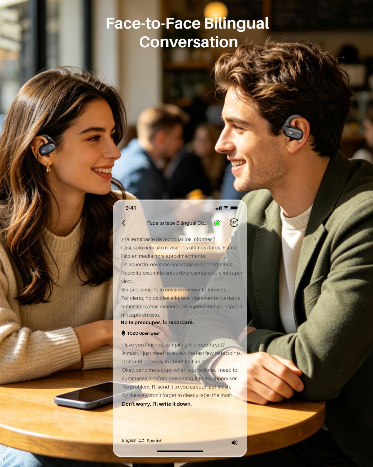 TOZO OpenWear AI Translation Earbuds - Real-Time 145+ Languages, 60H Battery Life, Bluetooth 5.4