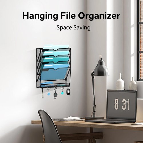 JMHUD Wall File Organizer with 5 Hooks 5 Tier Hanging File Organizer, Vertical Wall Mount Mail Organizer for Papers, Folders, Magazines, Bills, Office&School Organization, Black