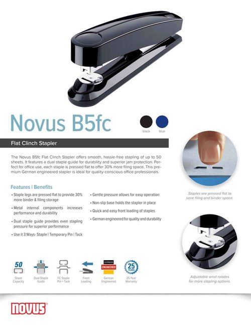Novus B5fc Flat Clinch Stapler, 50 Sheet Capacity, Dual Staple Guide, German Engineered, Staple|Pin|Tack, Steel Drive, 25 Year Warranty, Blue (020-1480)