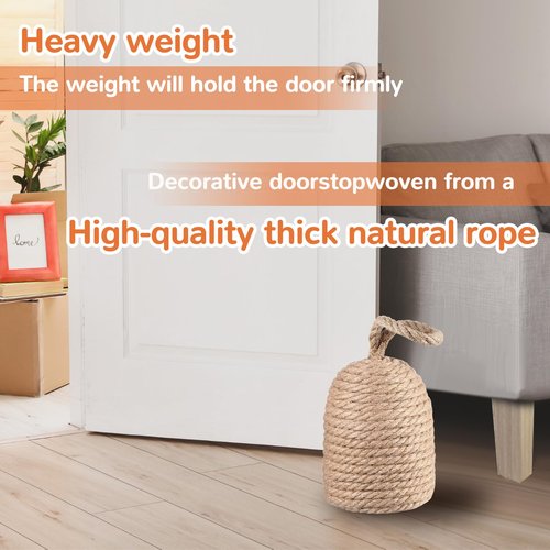 Jingmore 2 Pcs Decorative Door Stoppers Natural 5.4lb Heavy Door Stop with Handle Weighted Doorstop Indoor Farmhouse Jammer Blocker Keeps Open Bookend 4.72 ''d x 11.4''h (Wicker Jute)