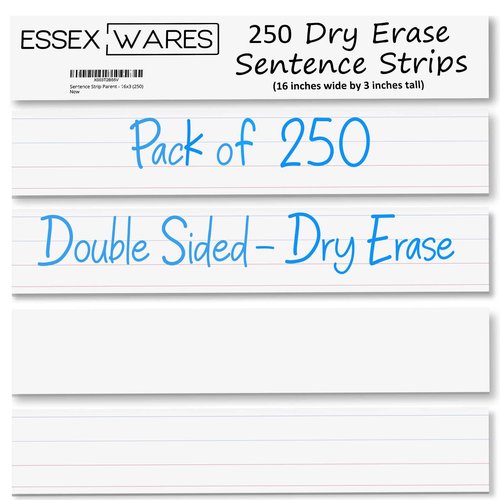 Essex Wares - 250 Pack, 16" Wide x 3" Tall Dry Erase Sentence Strips - Sentence Strips Cardstock - Reusable & Double Sided (Ruled & Blank) White Sentence Strips for The Classroom, Home, Office
