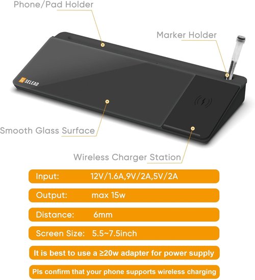 SELEAD Desktop Glass Whiteboard - Wireless Charger & Organizer for Home/Office | Black