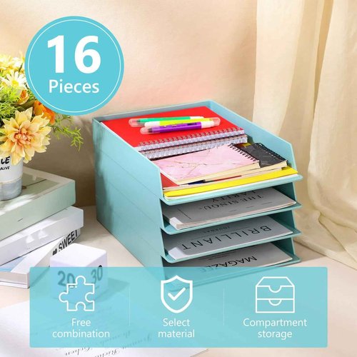 Tatuo 16 Pack Stackable Paper Trays Plastic Letter Tray Desk Organizer Paper Holder Organizer Storage Office Desk Accessories for Classroom Magazine File Documents 12.8 x 9.45 x 1.97, Blue Green
