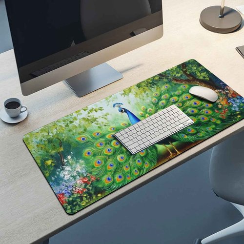 PailailaiNest Desk Pad Mat Large Mousepad Peacock Animal Bird Elegant Green Nature Flower Painting Large Mouse Pad for Desk Pad Mat for Keyboard and Mouse Pad Office Supplies for Desk 40x90cm