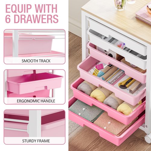 SYKIARIOL Utility Cart With 6 Drawers and Wooden Tabletop, Storage Cart on Wheels for Office, Classroom, Bathroom, Bedroom - Pink