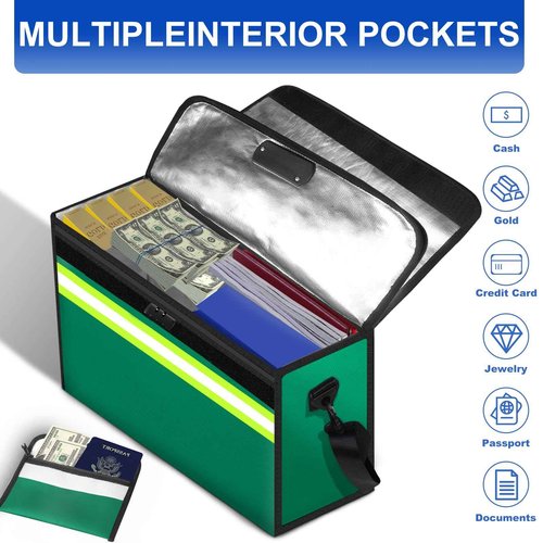 File Organizer Bag with Removable Folder Layers/Wallet,6500°F Fireproof Document Organizer with Lock&Reflective Strip,Portable Home Travel Safe Storage Box for Important Documents(14.1x9.5x4.2 inches)