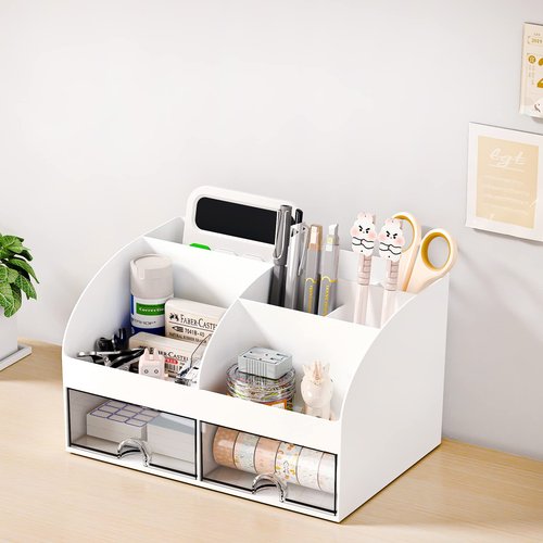COMFYROOM Desk Organizer with 6 Compartments and 2 Drawers, Plastic Makeup Organizer, Pen Holder for Desktop Storage, Desk Organization for School, Home, Office Supplies (White-2Pack)