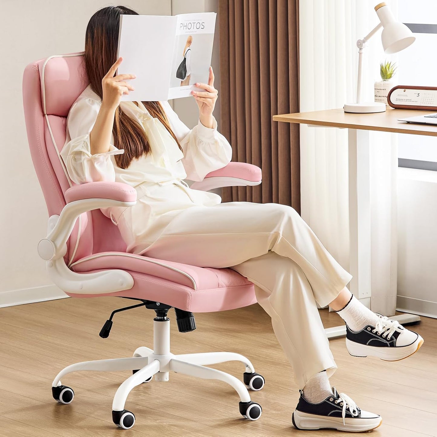 Skiennix Leather Office Chair - Comfortable Executive Desk Chair with Lumbar Support | Pink, 400lbs Capacity
