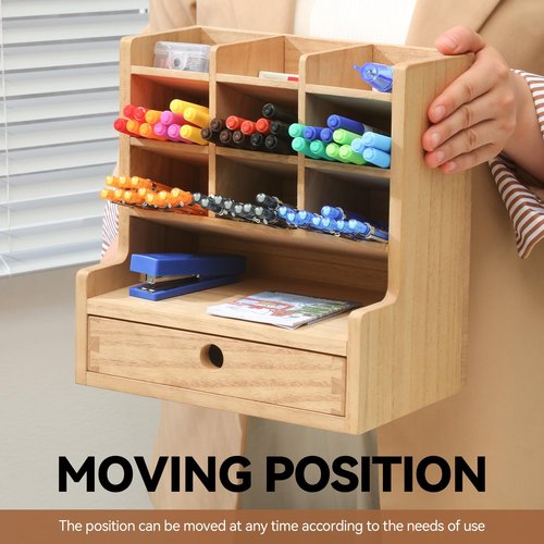 KIRIGEN Wood Desk Pen Holder Organzier with Drawer Multi Functional Pens Storage Organizer with 9 Compartments for Home, Office and Desk Accessories BJH9G-NA