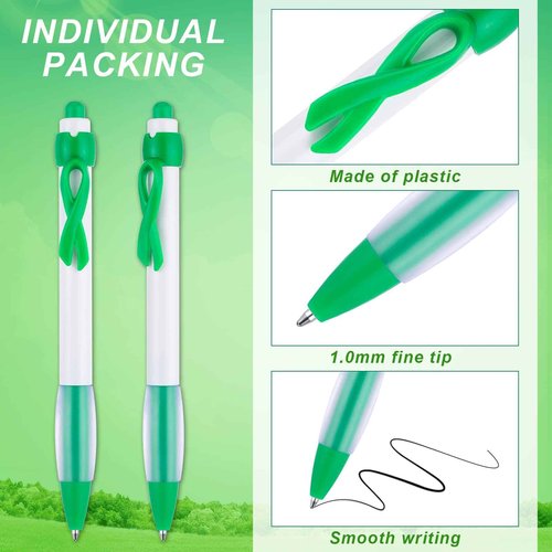 Yexiya 200 Pcs Mental Health Awareness Retractable Pen Green Ribbon Liver Cancer Kidney Disease Awareness Black Ink Ballpoint Pen Bulk with Individual Packed for Charity Volunteers Activities Supply