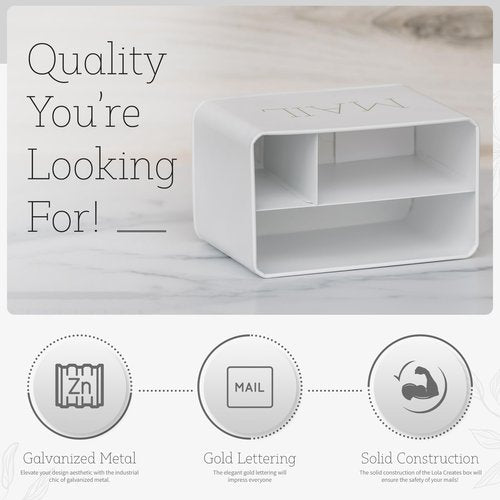 Lola Creates Farmhouse Mail Organizer - Drawer Organizers - Metal Box - Stylish Decor for Office and Kitchen Counter - Decorative with Gold Lettering - White