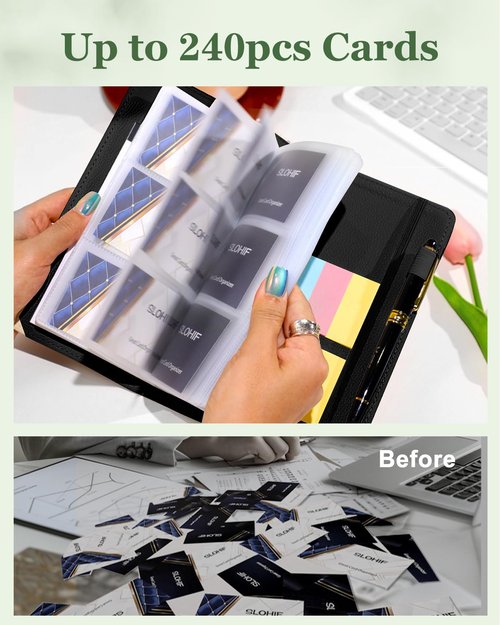 Slohif Business Card Book Holder Organizer - Black Moon Sun Print Leather Books Binder Holds 240 Cards Credit Gifts Card With Sticky Notes Graded Stickers Notepad