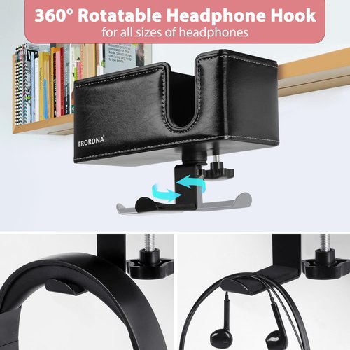 Erordna 4-in-1 Desk Cup Holder - Clamp On Under Desk Rotating Headphone Stand & Faux Leather Storage with Detachable Cup Holder/Phone Slot