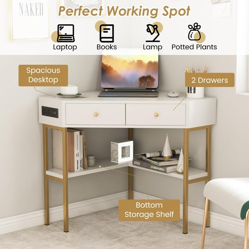 Giantex Corner Desk with Charging Station, 90 Degree Triangle Computer Desk with 2 Drawers & Storage Shelf, L-Shaped Writing Desk Makeup Vanity Table, Compact Corner Desk for Small Spaces (White)