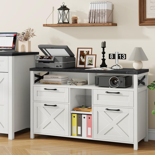 Farmhouse Filing Cabinet with Adjustable Shelf for Home Office, Lateral File Cabinets 4 Drawers with Open Storage Shelf, Filing Organization Storage Cabinets for Hanging Files Letter/A4.(Black)