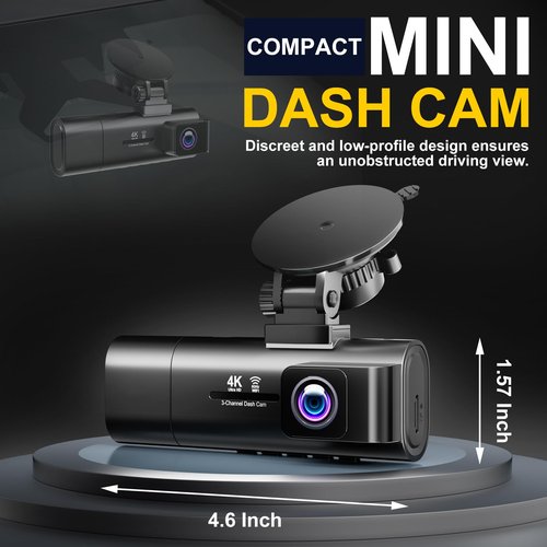 Dash Cam Front and Rear,3 Channel Dash Cam for Car with 5G WiFi, 64GB Card,4K+1080P+1080P Front Inside and Rear Car Dash Camera,3.16”Screen,Night Vision,Loop Recording, G-Sensor, WDR, Parking Mode