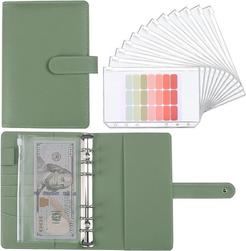 LXWHYP Money Saving Binder, Savings Challenges Book with for Cash Envelopes, 12pcs Zipper Envelopes A6 Budget Binder, Budget Planner for Managing Budgets and Saving Money -(Green-7.4IN)
