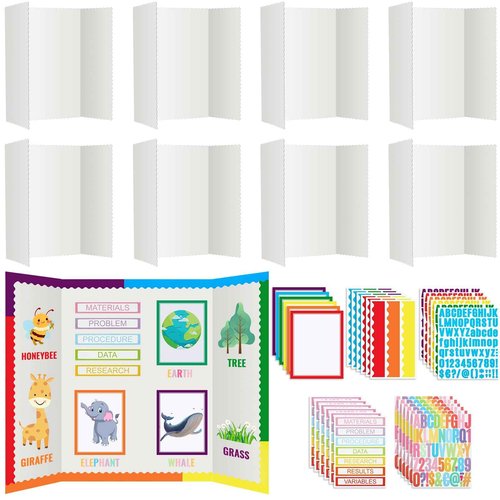 Teling 180 Pcs Trifold Poster Board Set, 8 Pcs 36 x 48 Trifold Display Presentation Cardboard Science Project Board with 172 Sheet Title Letter Stickers for Classroom School Office