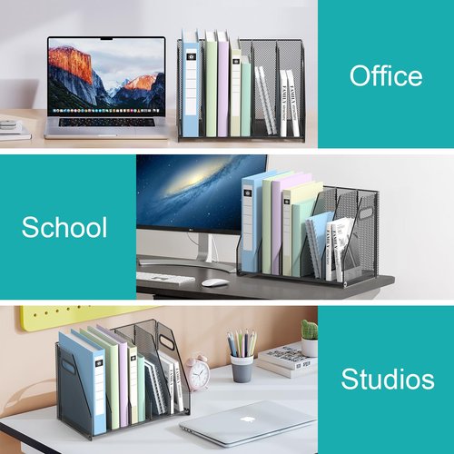 VEESUN Desk File Organizer, 5 Vertical Compartments Metal Magazine and Binder Holder, Office Home School Desktop Organizer, Black