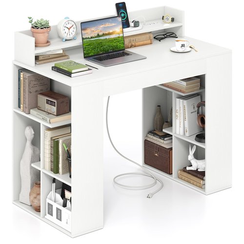 GOFLAME Computer Desk, 43” Home Office Desk with Power Outlets, Monitor Shelf, Bookshelf & Cable Hole, Modern Study Writing Desk, PC Workstation for Living Room Bedroom, White