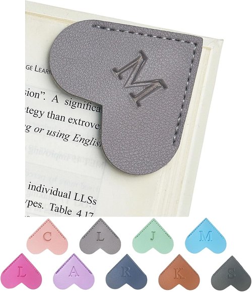 MOTEERLLU Personalized Leather Heart Bookmark - Custom Initials for Book Lovers | Handmade Grey Design