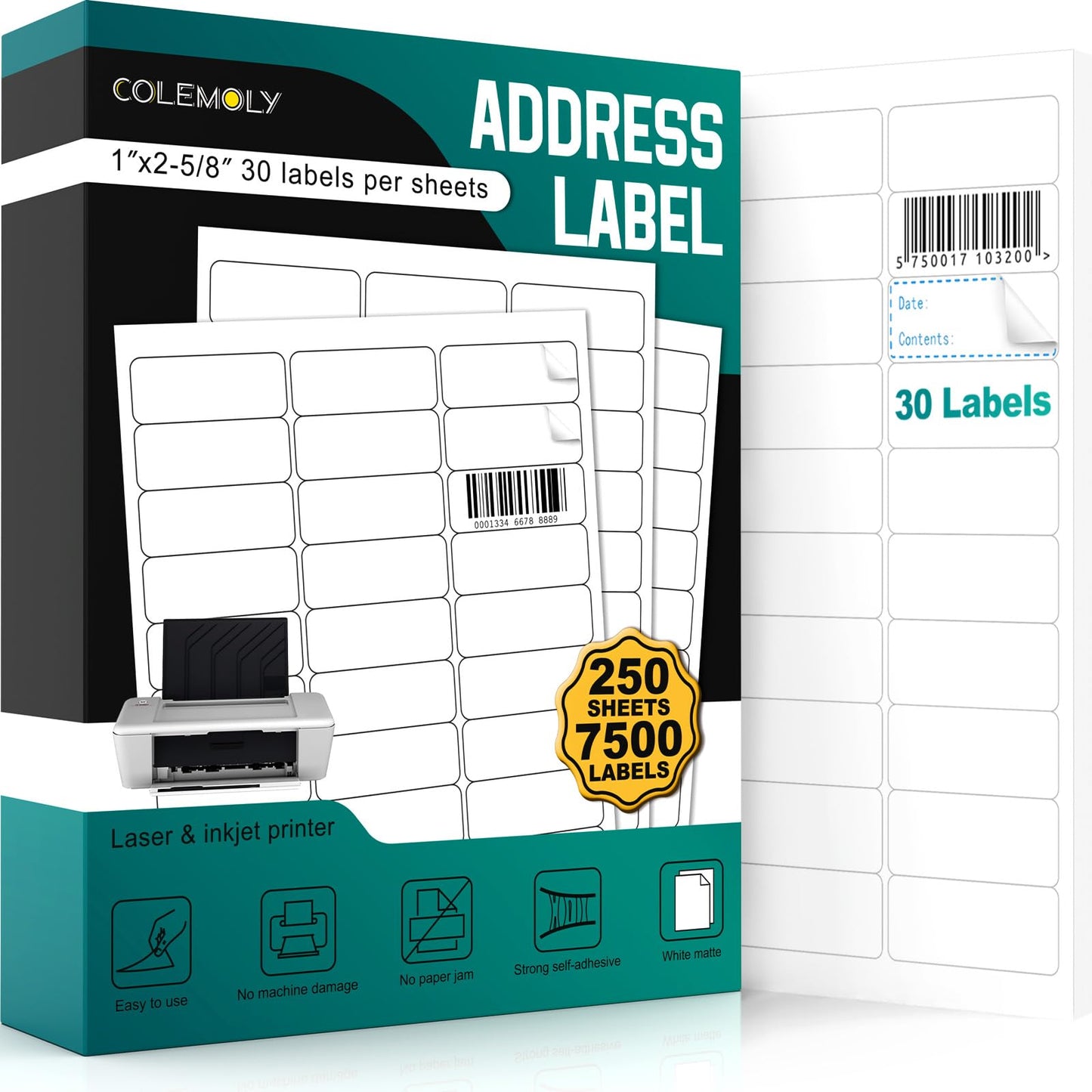 Address Labels 1" x 2-5/8" Matte Sticker Paper, 30 Up 250 Sheets (7500 Labels), Printable Shipping Mailing Labels for Inkjet & Laser Printer, White Blank Label Sheets for Small Business & Office