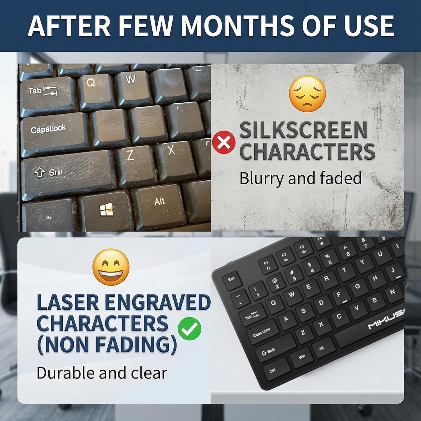 Spill Proof Keyboard - Full Size Wired 104 Keys with Easy Clean Cover & Laser Etched Keycaps | Black