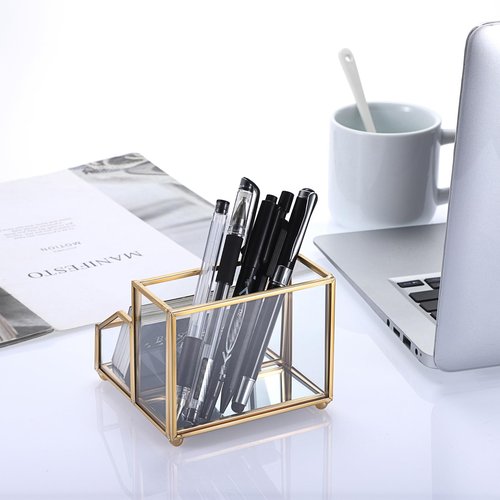 Hipiwe Glass Business Card Holder Stand with Pen/Pencil Organizer Gold Business Name Cards Display Holder for Home Office Desktop Countertop, 2 Slots