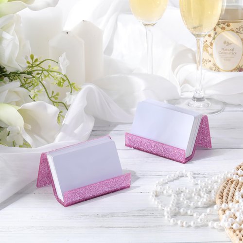 GlikCeil 6 Pack Pink Business Card Holder for Desk Glitter Acrylic Business Shine Card Holders Stand Organizer Display for Office Desktop