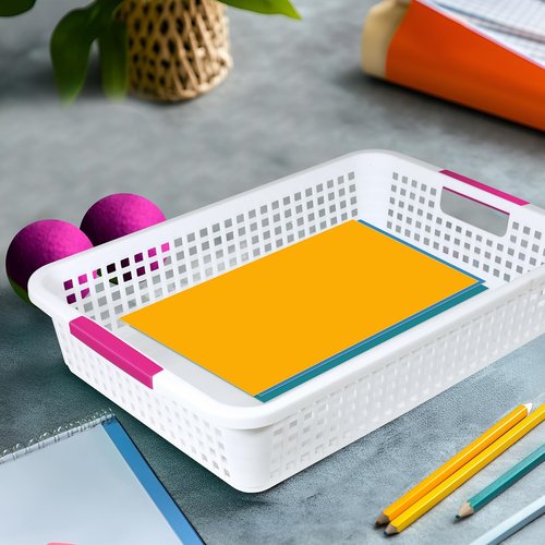BeapTcely 12 Pack Classroom Storage Baskets 15''x10''x3'' Large Plastic Classroom Paper Trays with Handle Letter Size A4 Paper Toy Basket Turn in Trays for Library, Office Desk Drawer Organizing (12)