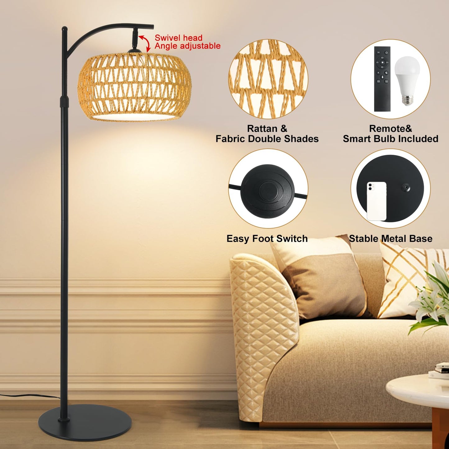 DRAWNCAT Boho Rattan Floor Lamp with Shade – 12W Bright Dimmable LED Bulb, Remote Control 3 Color Temperatures, Modern Farmhouse Handwoven Arc Standing Light for Living Room Bedroom