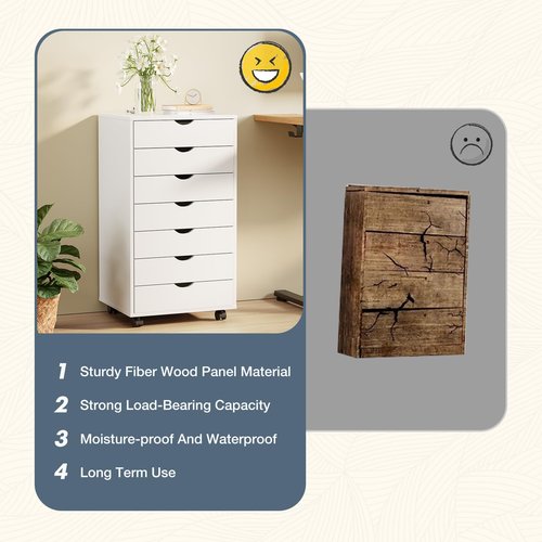 DUMOS 7 Drawer Vertical File Cabinet Mobile Filing Storage Dresser with Wheels Rolling Under Desk Printer Stand Wood Organizer for Office Home Bedroom, White