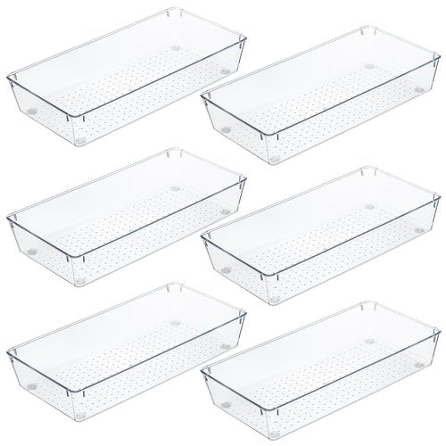 Kingrol 6 Pack 12 x 6 x 2 Inch Clear Drawer Organizer Trays, Desk Drawer Divider Storage Bins, Storage Box Set for Utensils Junks Vanities Makeups Jewelry Office Craft Supplies