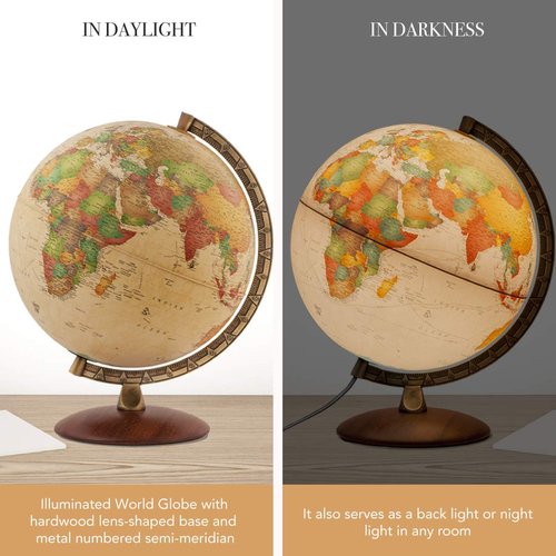 Waypoint Geographic Light Up Globe - Como 12” Desk Decorative Illuminated Antique Ocean Style with Stand, Up to Date World Globe