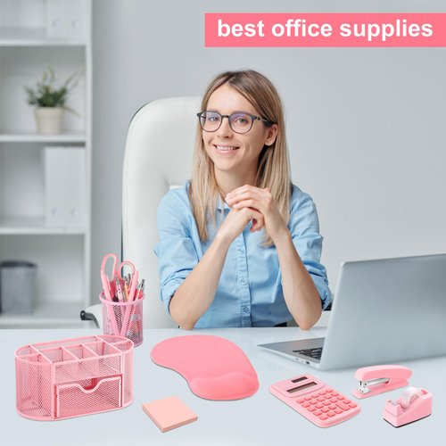 VAIPI 17 in 1 Pink Office Supplies Set Desk Organizers and Accessories with Mouse Pad, Calculator, Stapler, Tape Dispenser, Staples, Scissors, Pens, Sticky Notes, Page Markers for Office School Home