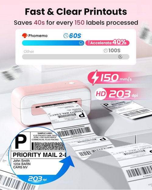 Phomemo Bluetooth Thermal Label Printer - Fast Inkless 4x6 Shipping Labels for Small Business | Compatible with iPhone, Android, Windows, Mac - Pink