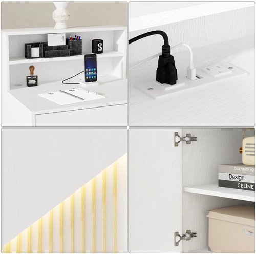VOWNER Small Morden Reception Desk with LED Lighting, 39.4" H Office Counter with Storage Drawers, Secretary Desk with Power Outlets, Front Desk for Salon, Lobby – White (47.2" W x 18.9" D x 39.4" H)