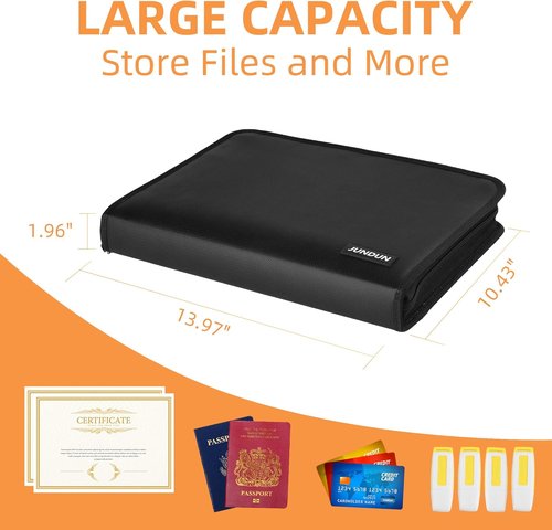 JUNDUN Fireproof Document Organizer - 13 Pocket Accordion File with Zipper & Labels for A4/Letter Files