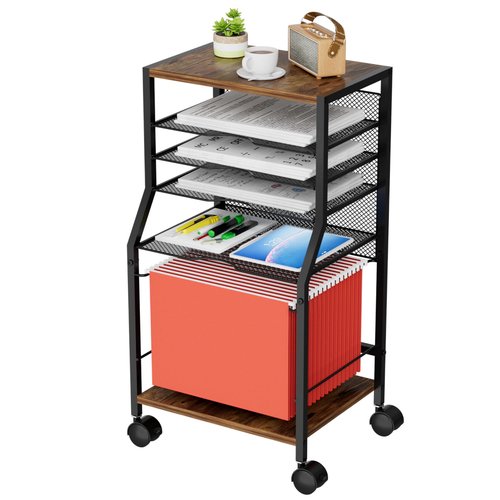 BOHDK Rolling File Cart, 6-Tier Under Desk Organizer on Lockable Wheels, Brown Wood Planks & Mesh File Cart with Hanging File Folders Rack and Paper Trays for Office Home, 14.7" L x 11.8" D x 27.5" H