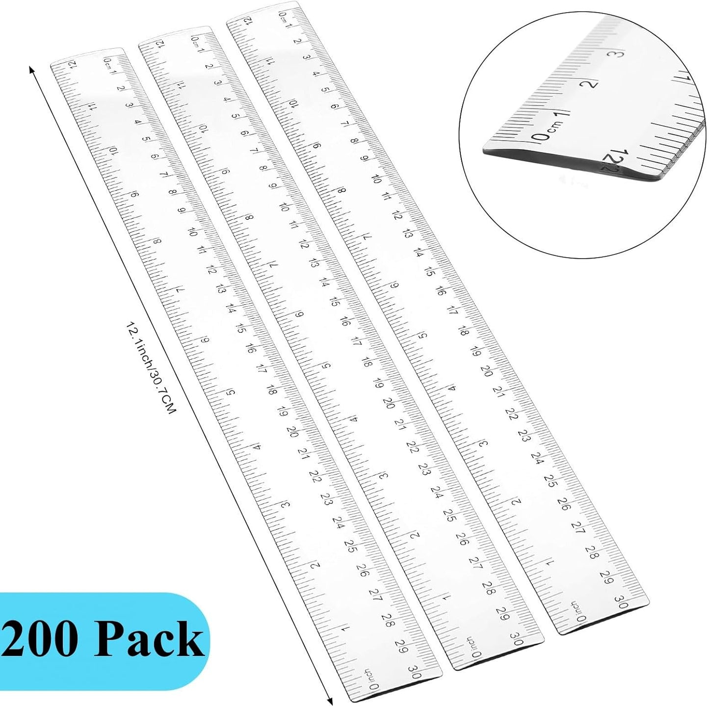 Zonon 200 Pcs Clear Plastic Rulers - 12 Inch Flexible Measuring Tools for School & Office Supplies