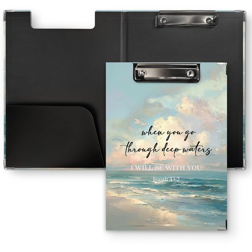 QLMX Christian Beach Clipboard Folio with Storage, Bible Clipboard Folder, Coastal Religious Clipboards for Women Teachers Nurses, Christian Isaiah 43:2 Gifts Office School Supplies, 12.4x9.2In