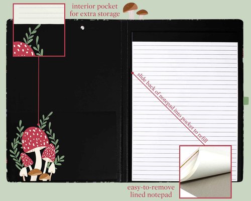 Steel Mill & Co Cute Large Spiral Notebook with Durable Hardcover and 160 Lined Pages Bundle with Clipboard Folio with Refillable Lined Notepad and Interior Storage Pocket, Mushroom