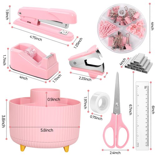 SKYDUE Pink Desk Accessories 10Pcs, Rotating Pen Holder for Desk, Stapler, Staple Remover, Tape Dispenser,2pcs Tape Refills, Binder Paper Clips Kit, Scissor,Pink Office School Supplies