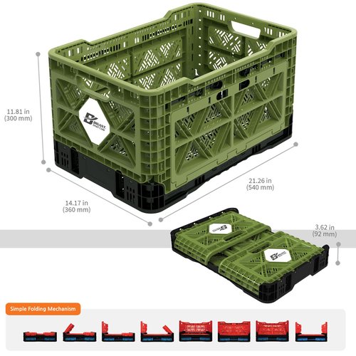 Bigant Heavy Duty Collapsible & Stackable Plastic Milk Crate-Medium Size, Olive, Stackable Open Front Organizer, Set of 1, Snap Lock Foldable Industrial Garage Storage Bin Container Utility Basket