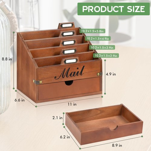 VOOTTOU Wood Mail Organizer Countertop, Desktop Mail Organizer with 4 Compartments and Drawer, Mail Holder File Organizer Wall Mount, Desk Accessories & Workspace Organizers, File Paper Holder